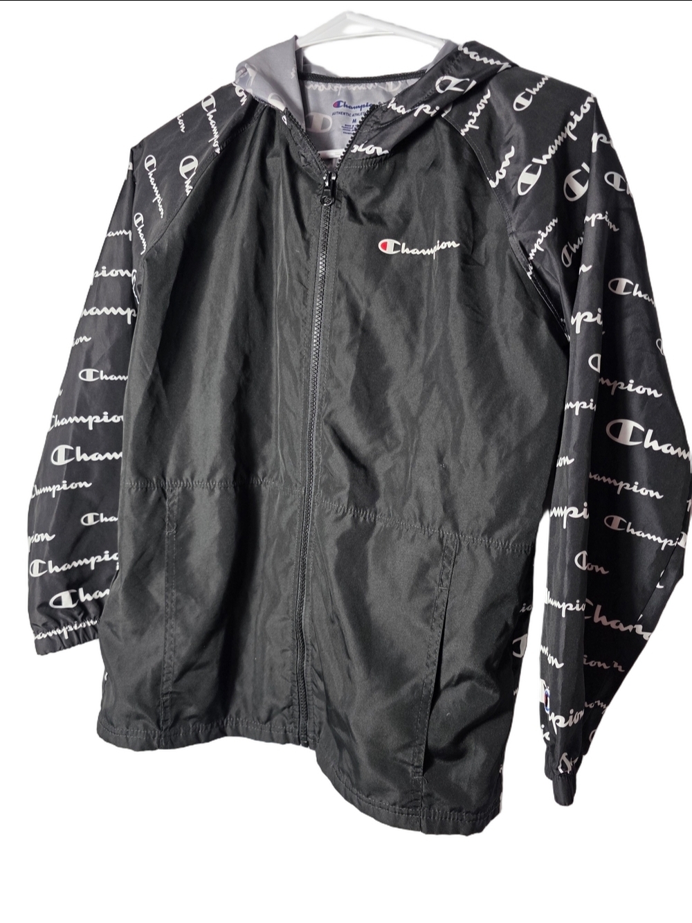 Champion Black Jacket with Blue and Red C Patch Kid's Medium Windbreaker Y2K 90s